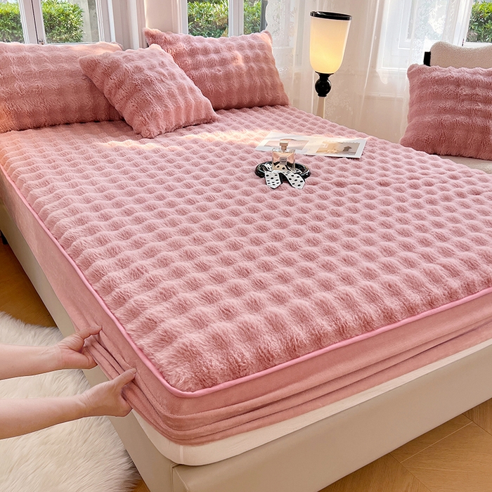 91家纺网 家纺一手货源 找家纺 梦舒羽 2025新款兔毛绒床笠水晶绒床垫保护套牛奶绒床垫套 云梦粉