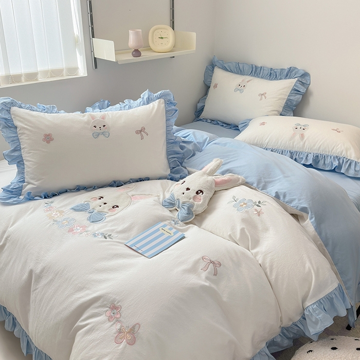 91家纺网 家纺一手货源 找家纺 蜜柚 2024新款全棉加厚水洗棉韩版小清新绣花工艺四件套-萌萌兔 萌萌兔白