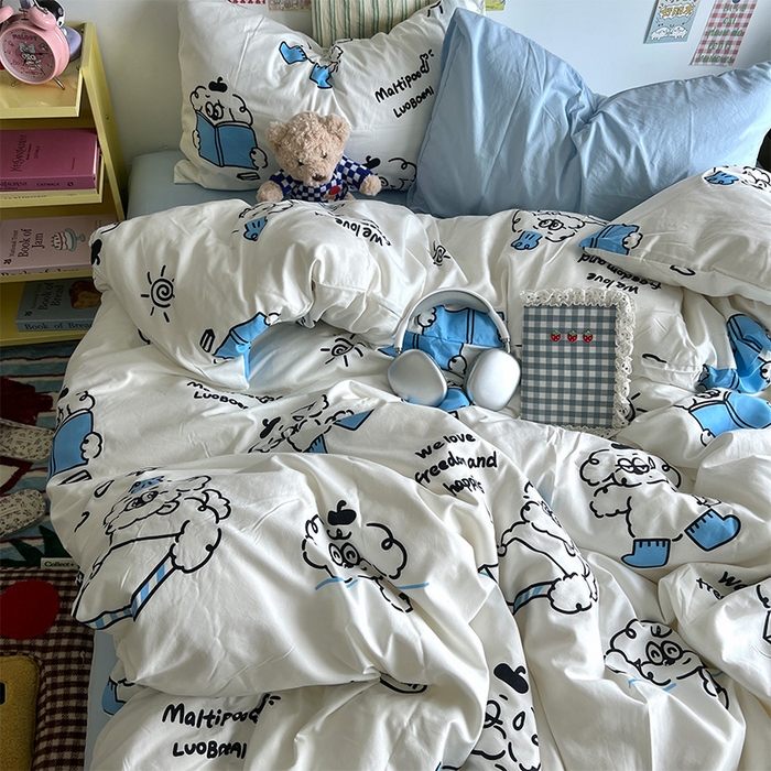 91家纺网 家纺一手货源 找家纺 原素 2024学生季专属A类水洗棉印花四件套 线条狗狗