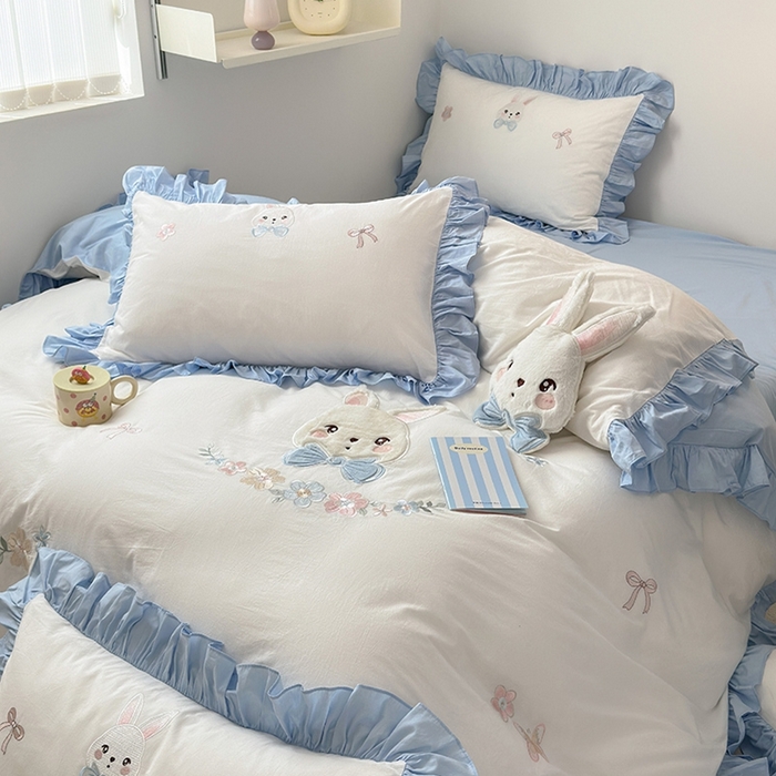 91家纺网 家纺一手货源 找家纺 （总）蜜柚 2024新款A类全棉加厚水洗棉韩版小清新绣花工艺四件套-萌萌兔.