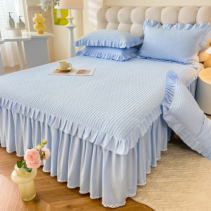 91家纺网 家纺一手货源 找家纺 （总）花香四季 2025新款13376全棉夹棉床裙三件套13372纯棉纯色双层花边（可定制任意尺寸）