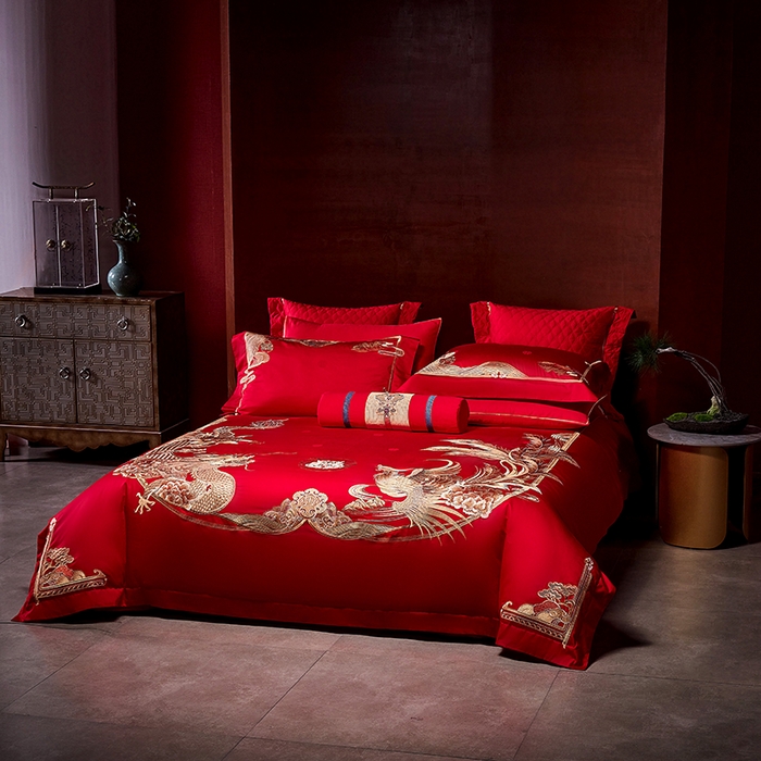 91家纺网 家纺一手货源 找家纺 2025新款长绒棉长绒棉贡缎提花款新中式古典韵味精美刺绣婚庆四件套多件套 金龙玉凤