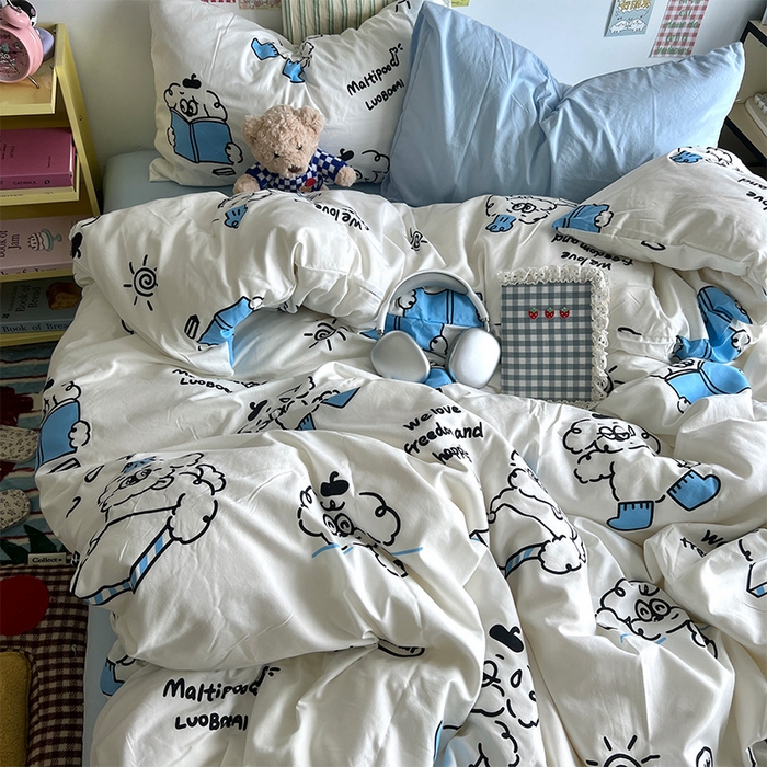 91家纺网 家纺一手货源 找家纺 原素 2024学生季专属A类水洗棉印花四件套 线条狗狗