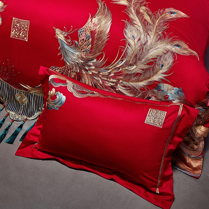 91家纺网 家纺一手货源 找家纺 2025新款长绒棉长绒棉贡缎提花款新中式古典韵味精美刺绣婚庆四件套多件套 龙凤喜缘