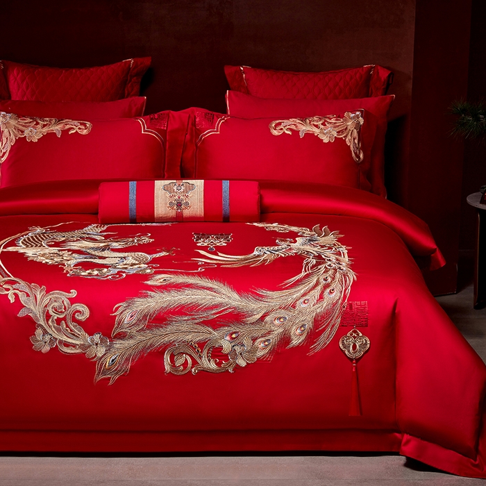91家纺网 家纺一手货源 找家纺 2025新款长绒棉长绒棉贡缎提花款新中式古典韵味精美刺绣婚庆四件套多件套 龙凤团圆