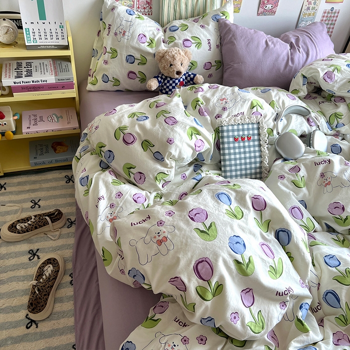 91家纺网 家纺一手货源 找家纺 原素 2024学生季专属A类水洗棉印花四件套 萌宠郁金香