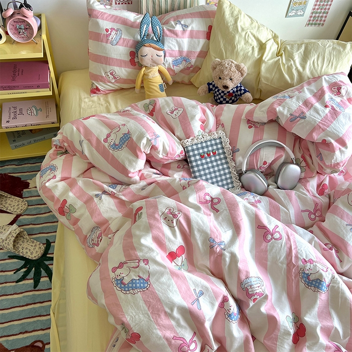 91家纺网 家纺一手货源 找家纺 原素 2024学生季专属A类水洗棉印花四件套 兔兔下午茶