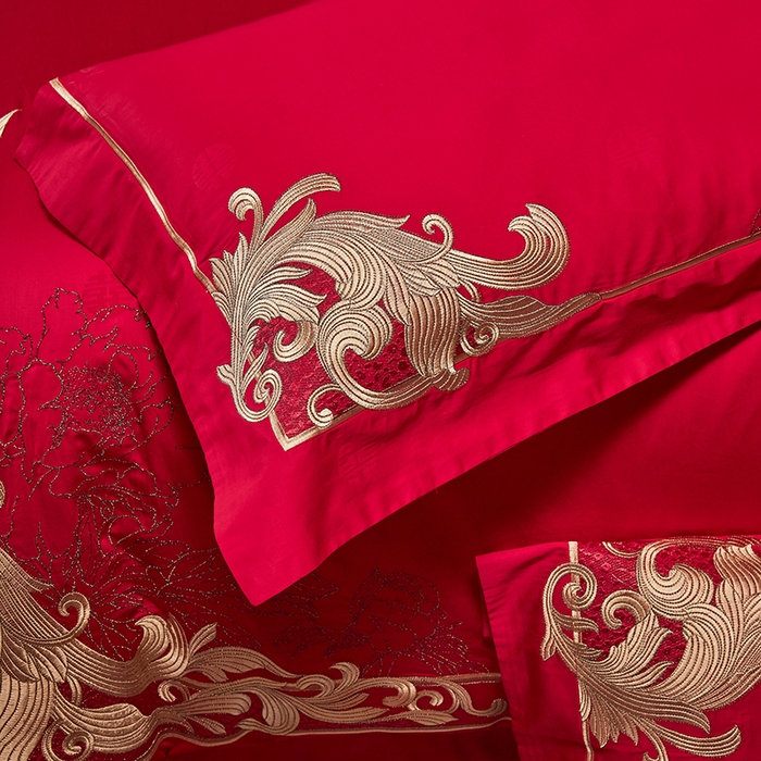 91家纺网 家纺一手货源 找家纺 2025新款长绒棉长绒棉贡缎提花款新中式古典韵味精美刺绣婚庆四件套多件套 盛世华章