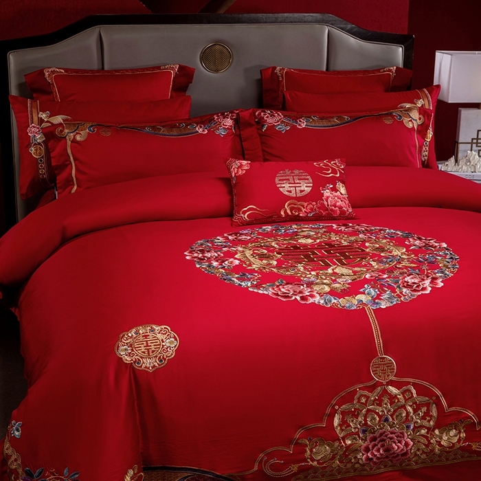 91家纺网 家纺一手货源 找家纺 2025新款长绒棉长绒棉贡缎提花款新中式古典韵味精美刺绣婚庆四件套多件套 良辰美景