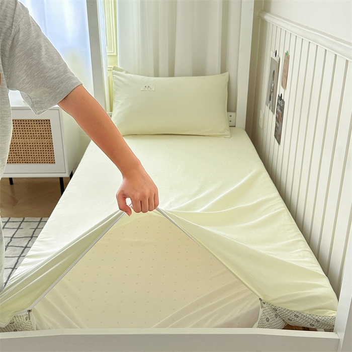 91家纺网 家纺一手货源 找家纺 眠博士 2024新款A类学生床纯色40支13372全棉床笠床垫保护套 床垫套-浅黄