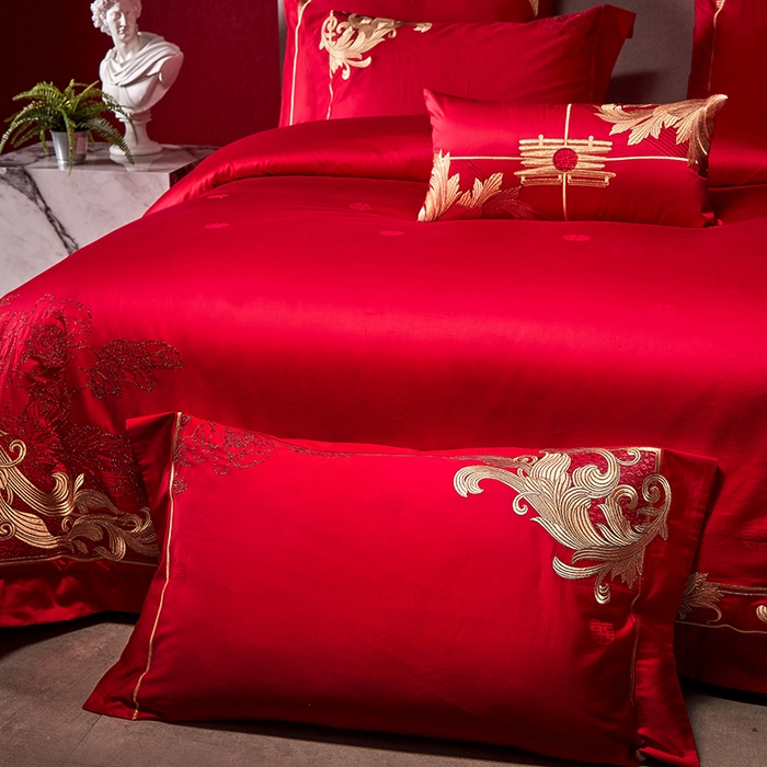 91家纺网 家纺一手货源 找家纺 2025新款长绒棉长绒棉贡缎提花款新中式古典韵味精美刺绣婚庆四件套多件套 盛世华章