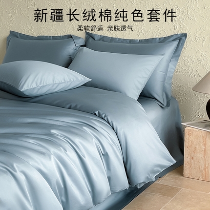 Mr.pig猪先生水洗棉 2024新品A类100全棉高支高密贡缎新疆长绒棉四件套纯棉床单被套学生宿舍三件套枕套床笠床上用品 清澈蓝