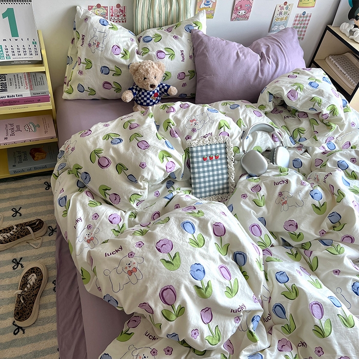 91家纺网 家纺一手货源 找家纺 原素 2024学生季专属A类水洗棉印花四件套 萌宠郁金香