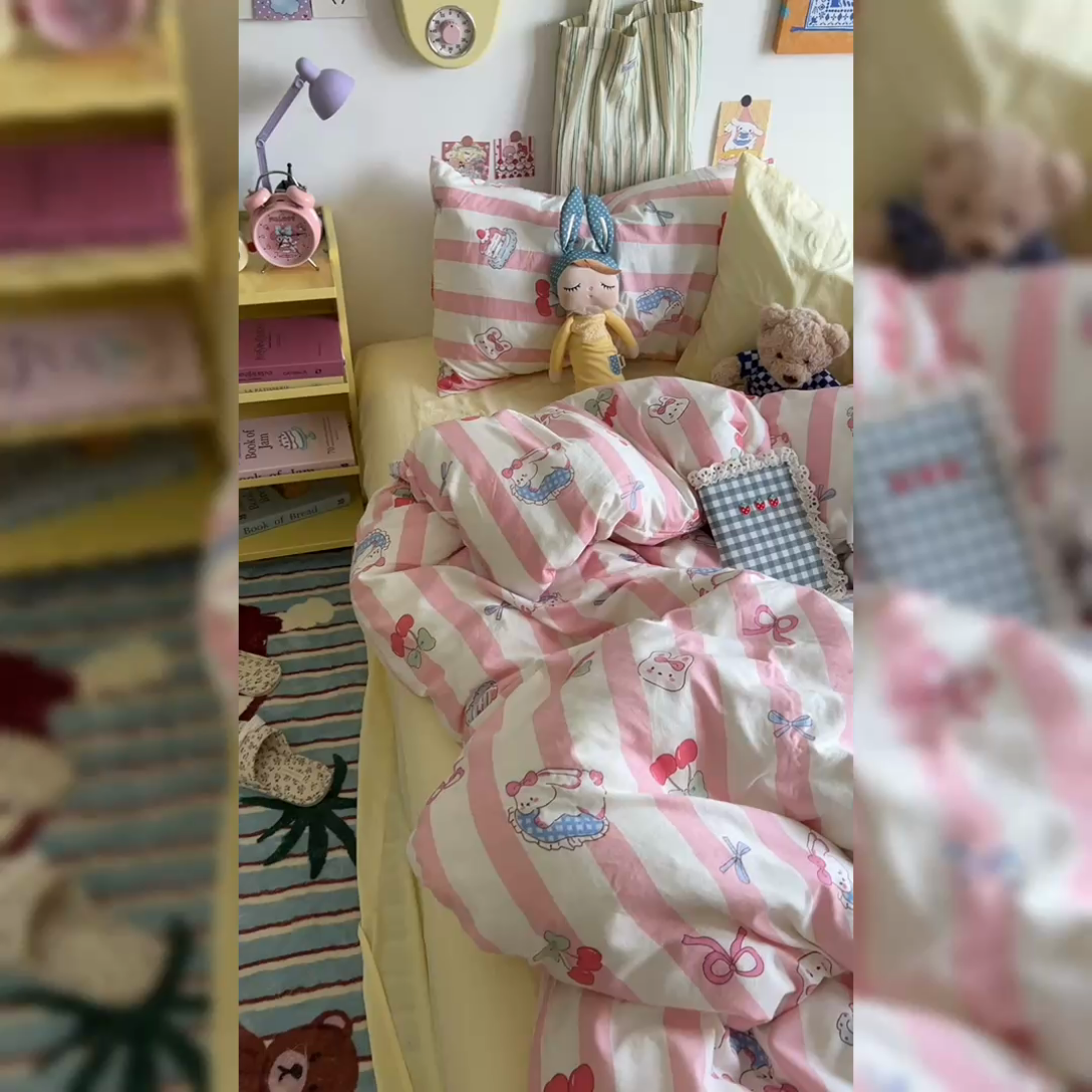 91家纺网 家纺一手货源 找家纺 原素 2024学生季专属A类水洗棉印花四件套 兔兔下午茶