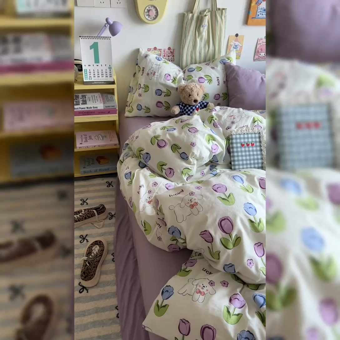 91家纺网 家纺一手货源 找家纺 原素 2024学生季专属A类水洗棉印花四件套 萌宠郁金香