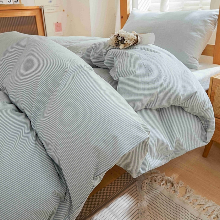 91家纺网 家纺一手货源 找家纺 韩约家纺 2024新款全棉水洗棉三四件套 米条-雾蓝