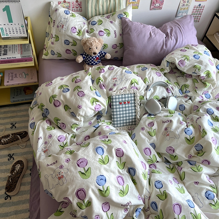 91家纺网 家纺一手货源 找家纺 原素 2024学生季专属A类水洗棉印花四件套 萌宠郁金香