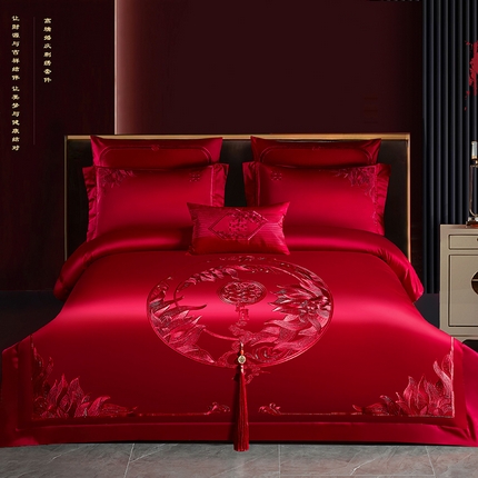 2025新款长绒棉长绒棉贡缎提花款新中式古典韵味精美刺绣婚庆四件套多件套 幸福时光