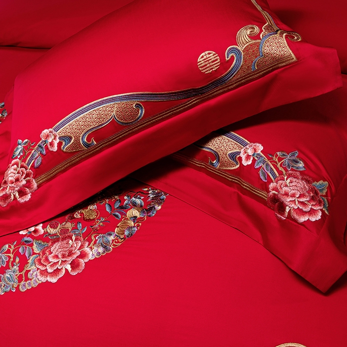 91家纺网 家纺一手货源 找家纺 2025新款长绒棉长绒棉贡缎提花款新中式古典韵味精美刺绣婚庆四件套多件套 良辰美景