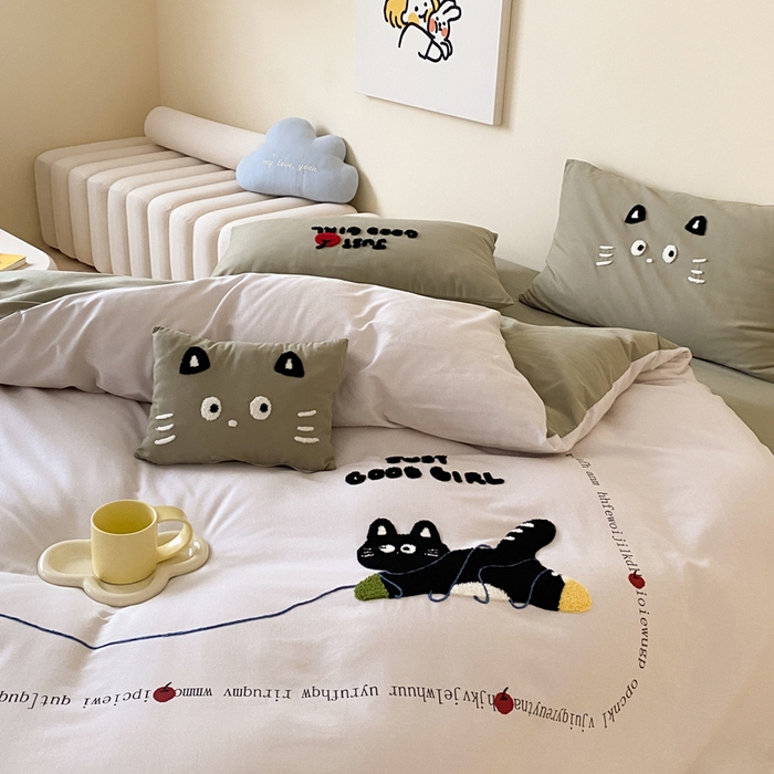 91家纺网 家纺一手货源 找家纺 宜家坊 2024全棉磨毛大版印加绣四件套【提供买家秀】 线团小猫