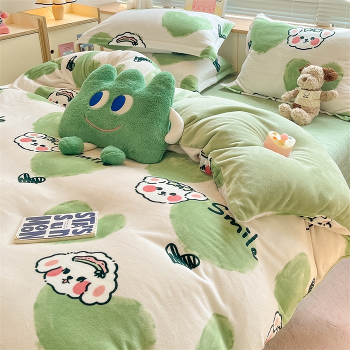 91家纺网 家纺一手货源 找家纺 2024新款A类AB版加厚保暖双面牛奶绒印花四件套--小清新系列 微笑动物