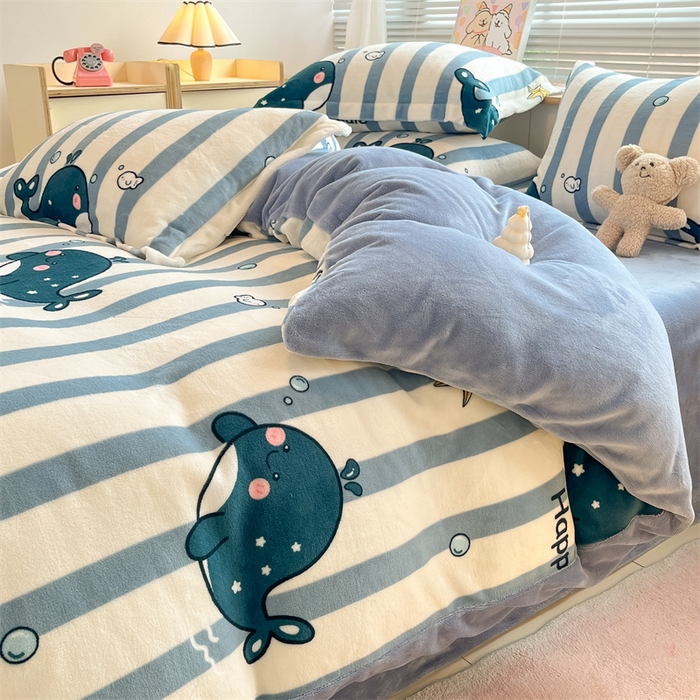 91家纺网 家纺一手货源 找家纺 2024新款A类AB版加厚保暖双面牛奶绒印花四件套--小清新系列 海豚