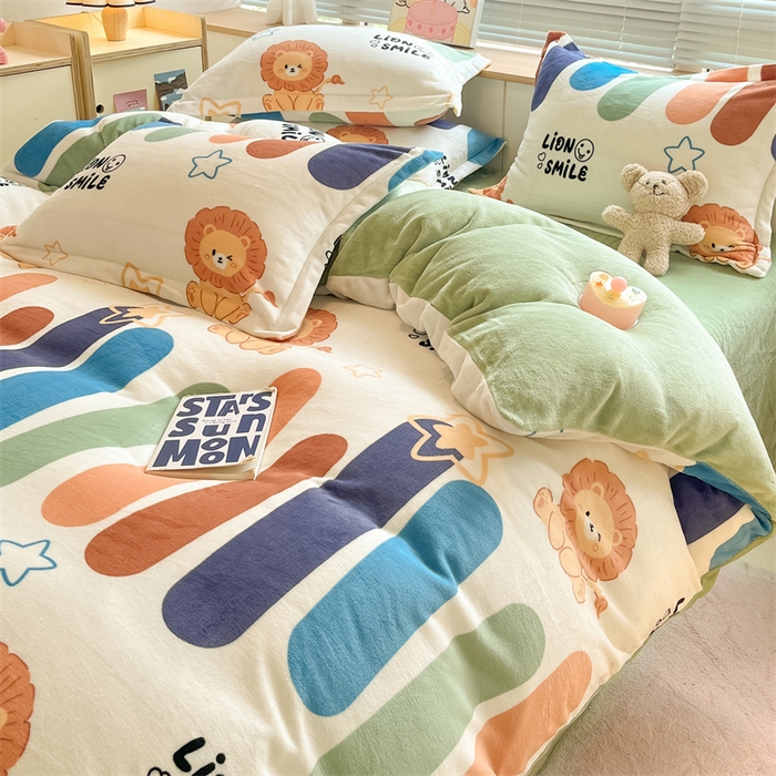 91家纺网 家纺一手货源 找家纺 2024新款A类AB版加厚保暖双面牛奶绒印花四件套--小清新系列 雪糕狮子