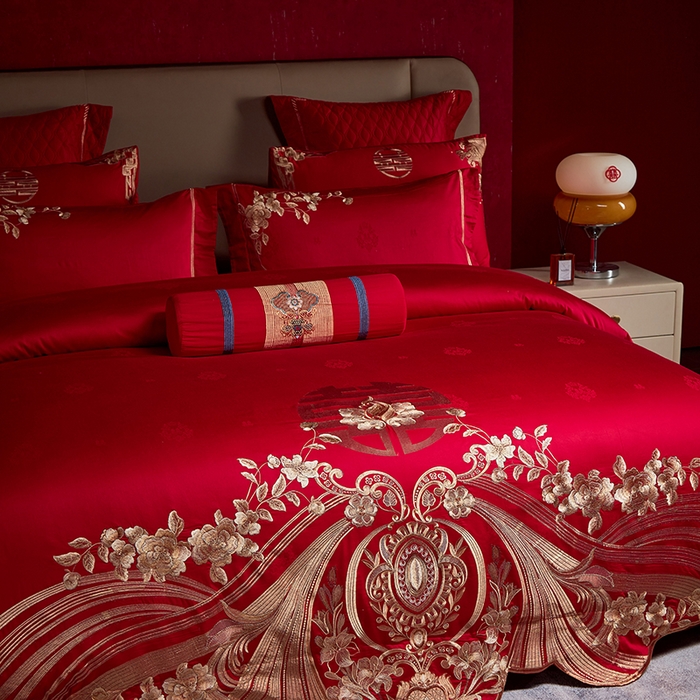 91家纺网 家纺一手货源 找家纺 2025新款长绒棉长绒棉贡缎提花款新中式古典韵味精美刺绣婚庆四件套多件套 牵手一生-金