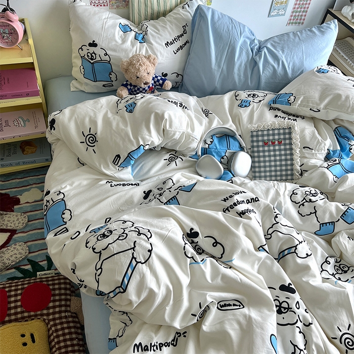 91家纺网 家纺一手货源 找家纺 原素 2024学生季专属A类水洗棉印花四件套 线条狗狗