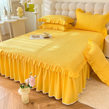 91家纺网 家纺一手货源 找家纺 （总）花香四季 2025新款13376全棉夹棉床裙三件套13372纯棉纯色双层花边（可定制任意尺寸）