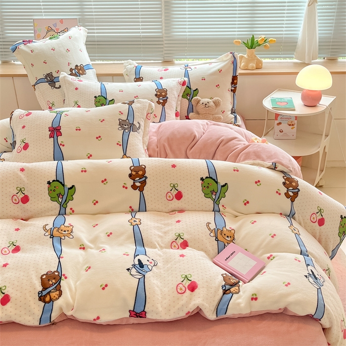 91家纺网 家纺一手货源 找家纺 2024新款A类AB版加厚保暖双面牛奶绒印花四件套--小清新系列 动物线条