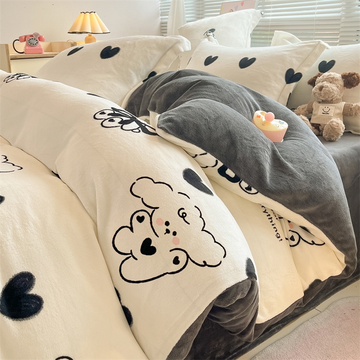 91家纺网 家纺一手货源 找家纺 2024新款A类AB版加厚保暖双面牛奶绒印花四件套--小清新系列 暖心小狗