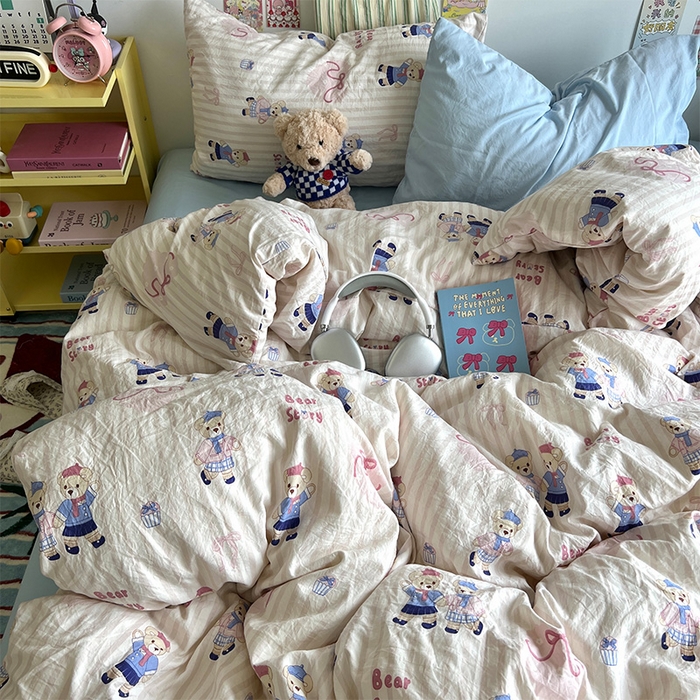 91家纺网 家纺一手货源 找家纺 原素 2024学生季专属A类水洗棉印花四件套 熊熊好朋友