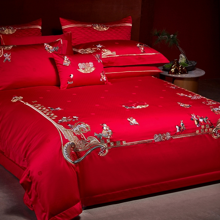 91家纺网 家纺一手货源 找家纺 2025新款长绒棉长绒棉贡缎提花款新中式古典韵味精美刺绣婚庆四件套多件套 百子纳福