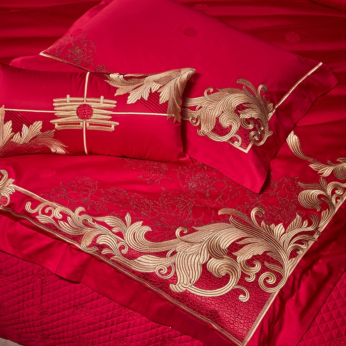 91家纺网 家纺一手货源 找家纺 2025新款长绒棉长绒棉贡缎提花款新中式古典韵味精美刺绣婚庆四件套多件套 盛世华章