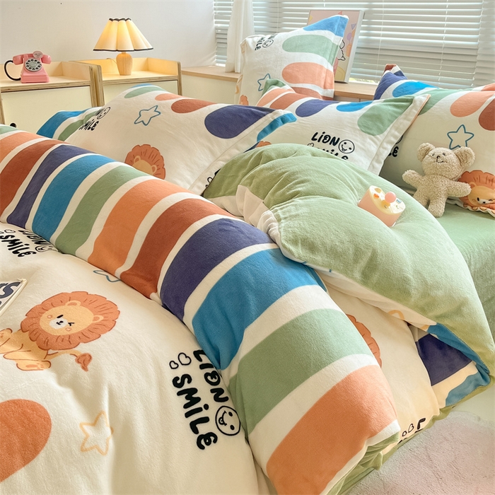 91家纺网 家纺一手货源 找家纺 2024新款A类AB版加厚保暖双面牛奶绒印花四件套--小清新系列 雪糕狮子