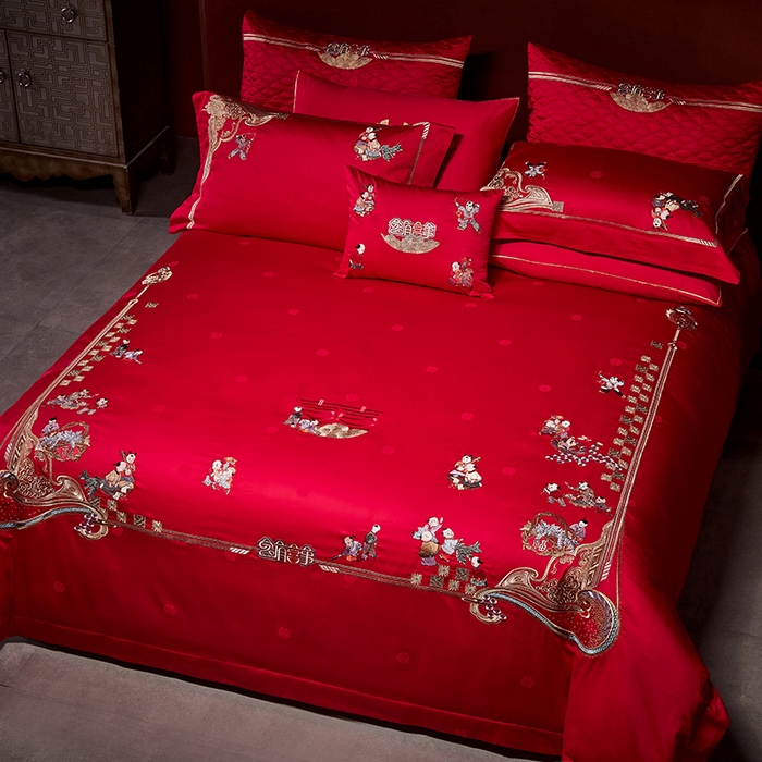 91家纺网 家纺一手货源 找家纺 2025新款长绒棉长绒棉贡缎提花款新中式古典韵味精美刺绣婚庆四件套多件套 百子纳福