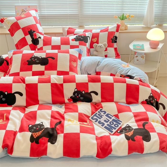 91家纺网 家纺一手货源 找家纺 2024新款A类AB版加厚保暖双面牛奶绒印花四件套--小清新系列 红格子猫