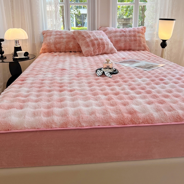 91家纺网 家纺一手货源 找家纺 梦舒羽 2025新款兔毛绒床笠水晶绒床垫保护套牛奶绒床垫套 梦幻樱粉