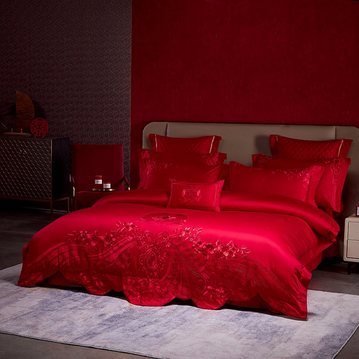 91家纺网 家纺一手货源 找家纺 2025新款长绒棉长绒棉贡缎提花款新中式古典韵味精美刺绣婚庆四件套多件套 牵手一生-红