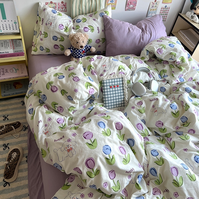 91家纺网 家纺一手货源 找家纺 原素 2024学生季专属A类水洗棉印花四件套 萌宠郁金香