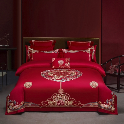 91家纺网 家纺一手货源 找家纺 （总）2025新款长绒棉长绒棉贡缎提花款新中式古典韵味精美刺绣婚庆四件套多件套