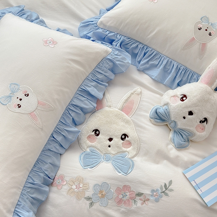 91家纺网 家纺一手货源 找家纺 蜜柚 2024新款全棉加厚水洗棉韩版小清新绣花工艺四件套-萌萌兔 萌萌兔白