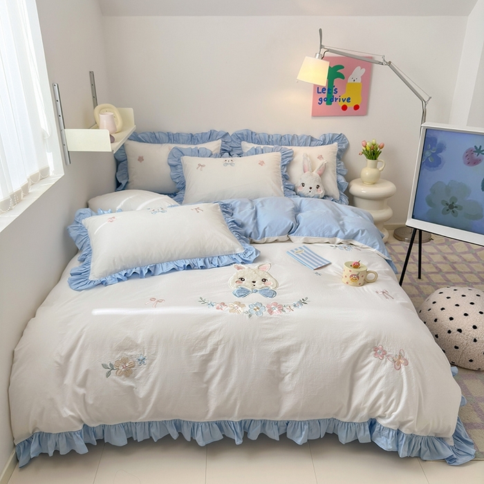 91家纺网 家纺一手货源 找家纺 （总）蜜柚 2024新款A类全棉加厚水洗棉韩版小清新绣花工艺四件套-萌萌兔.