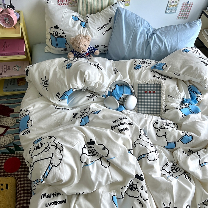 91家纺网 家纺一手货源 找家纺 原素 2024学生季专属A类水洗棉印花四件套 线条狗狗