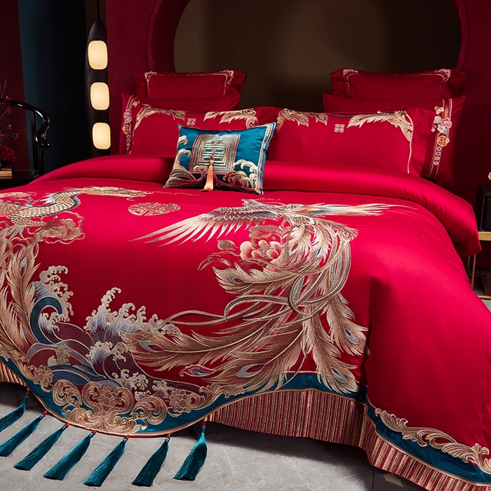 91家纺网 家纺一手货源 找家纺 2025新款长绒棉长绒棉贡缎提花款新中式古典韵味精美刺绣婚庆四件套多件套 龙凤吉祥