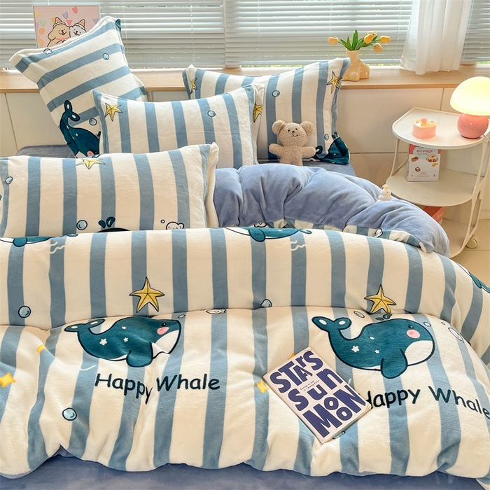 91家纺网 家纺一手货源 找家纺 2024新款A类AB版加厚保暖双面牛奶绒印花四件套--小清新系列 海豚