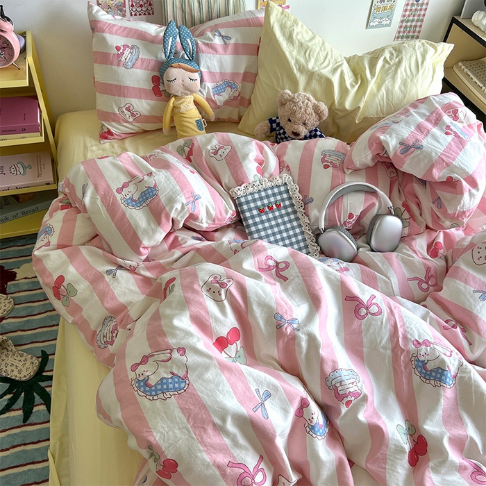 91家纺网 家纺一手货源 找家纺 原素 2024学生季专属A类水洗棉印花四件套 兔兔下午茶