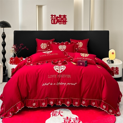 91家纺网 家纺一手货源 找家纺 甜咪咪婚庆 2024新品婚庆结婚刺绣新中式全棉四件套多件套 情意绵绵