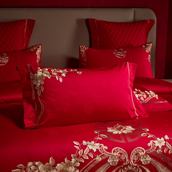 91家纺网 家纺一手货源 找家纺 2025新款长绒棉长绒棉贡缎提花款新中式古典韵味精美刺绣婚庆四件套多件套 牵手一生-金